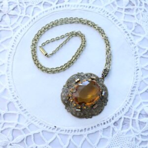 Ornate West German Amber Glass Pendant Necklace