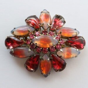 Opalescent & Ruby-Red Glass Floral Brooch