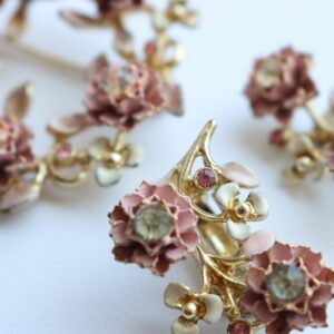 Pink & White Enamel Floral Brooch and Clip-On Earring Set