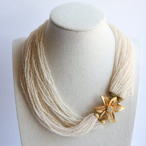 Cream Multi-Strand Seed Bead Necklace with Floral Clasp